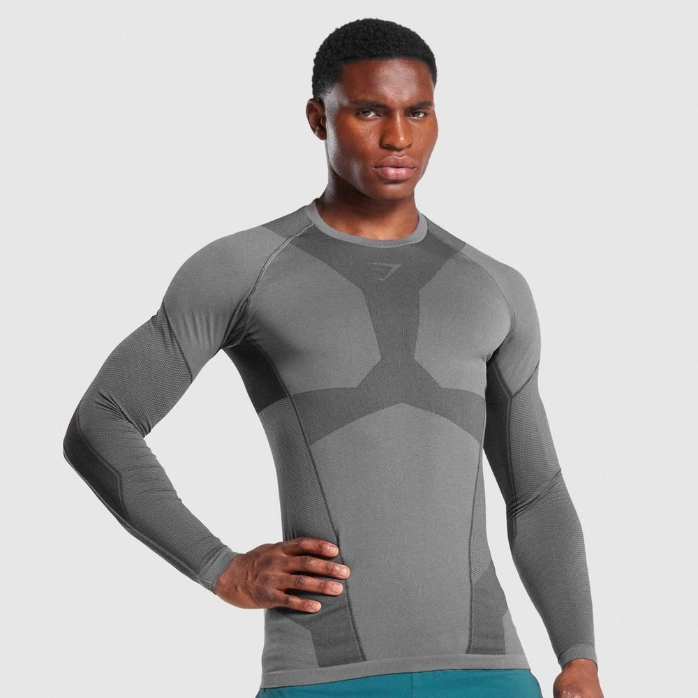 Mens Grey Gymshark Muscle Fit Free Force Long Sleeve Shirt